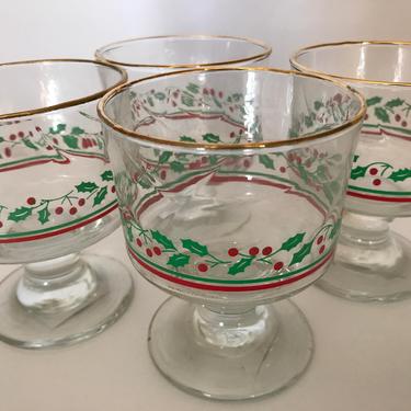 Vintage set of (4)Libbey Christmas Holly Berry Gold Rimmed Desert Sherbet Glass Stemware with Green Holly, and Red Berries and Ribbon 