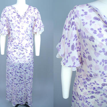 1930s Printed Silk Chiffon Dress | Vintage 20s 30s Cream & Purple Sheer Dress with Ruffle Sleeves | large / xl 