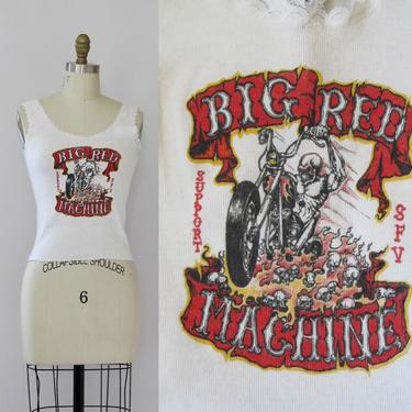 BIG RED Machine Vintage 80s Tank Top | 1980s SFV Hells Angles T Shirt w/ Lace Trim | 70s 1970s Biker Club Motorcycle | Size Small to Medium 