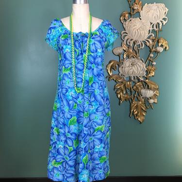 1980s hawaiian dress, vintage 80s dress, turquoise floral, hilo Hatties, flutter sleeves, medium, tunic style, hibiscus print, island style 