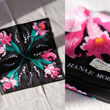 Vintage 80s Hanae Mori Black and Pink Floral Handkerchief | 100% Cotton | 1980s Designer Pocket Square, Scarf,  Handkerchief 