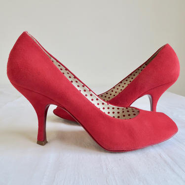 Retro 1950's Style Size 8.5 Red Suede Open Toe High Heel Pumps Polkadot Lining BCBG 