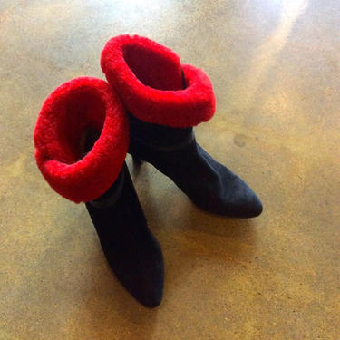 Vintage Geoffrey Beene Designer Boots  Black Suede Red Faux Fur 10B 1980s 