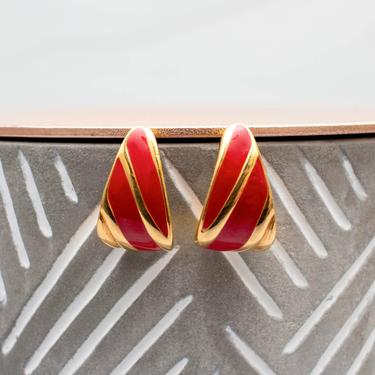 Vintage 1990s Monet Striped Earrings - Red & Gold Teardrop Enamel Earrings 