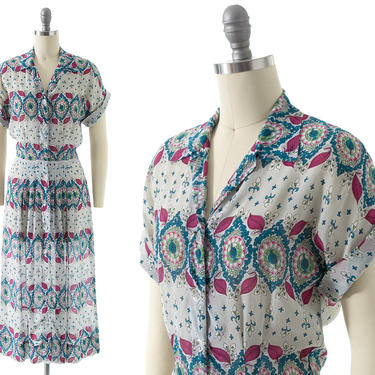 Vintage 1940s Shirt Dress | 40s Floral Striped Sheer Rayon Button Up Printed Shirtwaist Day Dress (small) 