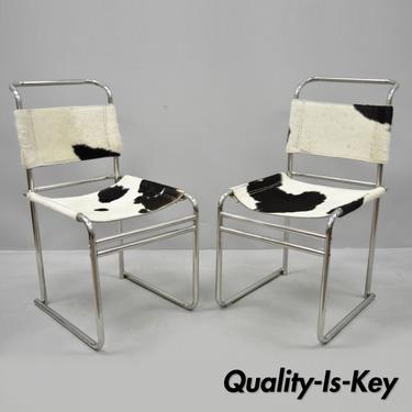 Pair Chrome Mid Century Modern Black &amp; White Leather Cowhide Hair on Hide Chairs
