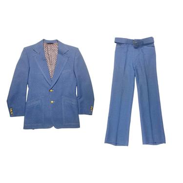 Vintage Men's Suit 60's Bruce Berry Suit Men's Vintage Clothing. Collared Wool Rayon Synthetic Blend Suit Denim Look, Gold Brass Crown Eagle 