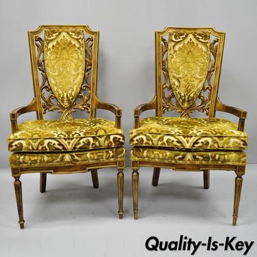 Pair of High Back Hollywood Regency French Style Gold Flame Carved Armchairs