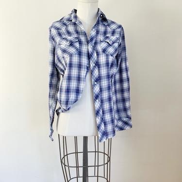 Vintage 1970s Blue and White Plaid Shirt / youth teen 14 or lady's XS 