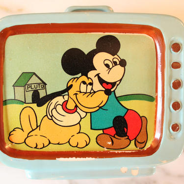 M9002 Vintage Disney 1960's rare ceramic television set bank of Mickey and Pluto 