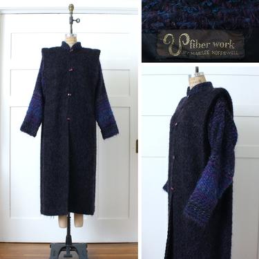 vintage 1970s - early 1980s fiber arts duster • textured handwoven mohair & purple wool artisan cocoon coat 