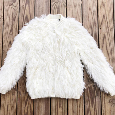Vintage 80s GDT Too Winter White Shaggy Yarn Faux Fur Look Snap Button Jacket Coat S 