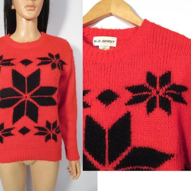 Vintage 80s Bright Red Ski Sweater Size M 