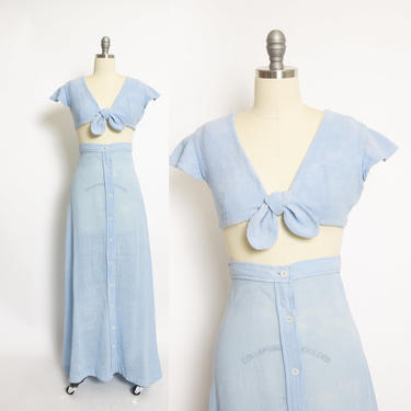 Vintage 1970s Ensemble Blu India Cotton Crop Top Skirt Set XS Extra Small 