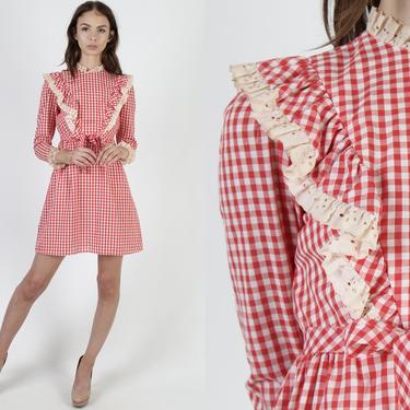 Red White Gingham Print Dress / 70s Picnic Country Floral Dress / Vintage Checkered Eyelet Lace / Country Barn Homespun Mini Dress 