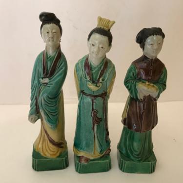 Rare Vintage Set of (3)  Majolica Chinese Sancai Drip Glaze  Lady and Gentleman  Figurines 6&quot; 