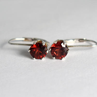 Dainty 60's pyrope garnet sterling bling drop earrings, classic round red gems 925 silver artisan made rigid dangles 