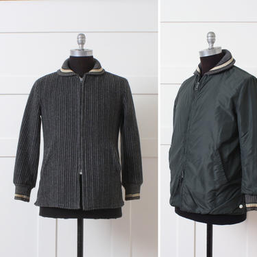 mens vintage early 1950s reversible jacket • dark charcoal gray striped wool &amp; nylon coat • mens XS 