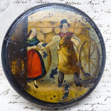 Antique 1800's German Lacquered Paper Mache Snuff Box, Hand Painted 