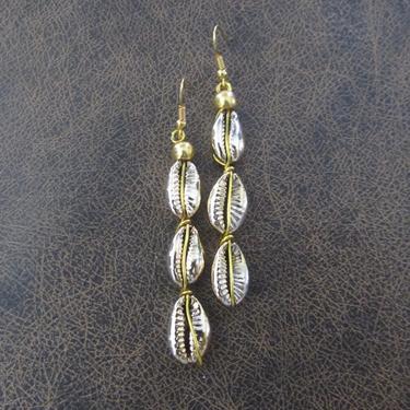 Cowrie shell earrings, gold Brutalist earrings, African earrings, mid century earrings, bold earrings, unique Afrocentric earrings, long 