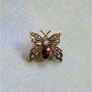 Antique Victorian 14K Butterfly Slide With Seed Pearls and Garnet Stone, 14K Gold Butterfly Slide, Antique Butterfly Slide (#3935) 