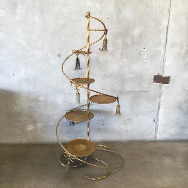 Gold Italian Hollywood Regency Iron Spiral Staircase Tall Plant Stand Planter