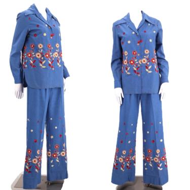 70s FREDERICKS of HOLLYWOOD embroidered bell bottoms suit 12 / vintage 1970s bell bottom floral flares shirt jacket pants L 