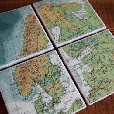 1963 Scandinavia Vintage Map Coaster Set of 4. Ceramic Coasters. Vintage Norway Map Sweden Finland Map Denmark. Northern Europe Travel Gift 