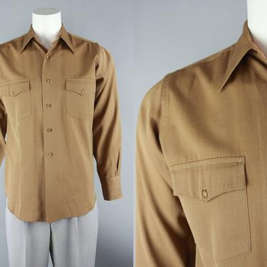 1940s Spear Point Collar Shirt | Vintage 40s Men's Wool Gabardine 'Black Bilt' Light Brown Shirt | Medium 