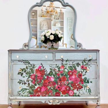 Hand Painted Floral Dresser, Chest, Antique, Vintage, Floral, Blue 