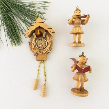 German Style Wood Cuckoo Clock Ornament OR 2 Wooden Musical Angel Ornament Figurines, You Choose, Erzgebirge Like, Vintage Christmas 