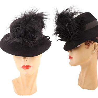 40s NY CREATIONS black feather fedora tilt hat / vintage 1940s Mcreery mini cocktail fascinator top hat 1930s 