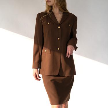 Vintage 90s Mondi Chocolate Brown Birdseye Broad Shoulder Blazer & Skirt Suit w/ Gold Crown Buttons | Made in Poland | 1990s Designer Suit 