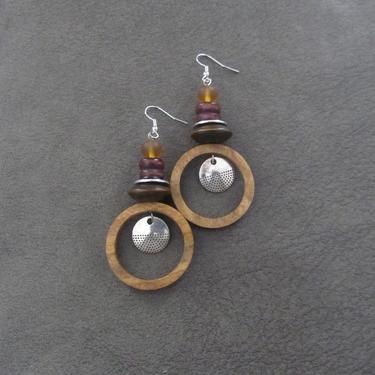 Wooden earrings, natural hoop earrings, mid century modern earrings, bohemian boho earrings, bold statement, unique ethnic earrings, silver 