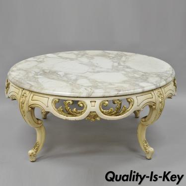 Vtg French Provincial Louis XV Round Marble Top Painted Coffee Table Carved Wood