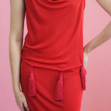 Valentino Red 1970's Jersey Tassel Dress 