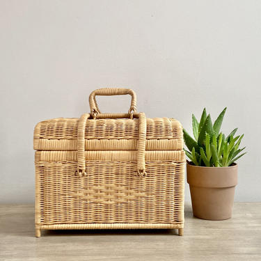 Rattan Handled Lidded Bamboo Basket Woven Wicker Storage Case Boho Coastal Decor 