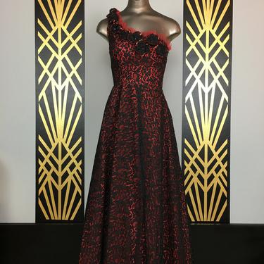 1940s evening gown, one shoulder, red and black lace, vintage flormal dress, 1950s prom dress, flamenco style, x-small, 3-d flowers, full 25 
