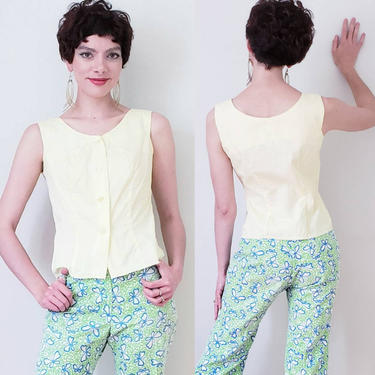 1960s Pale Yellow Cotton Sleeveless Top / 60s Summer Shell Button Down Blouse Sears Fashion / Medium / Carolie 