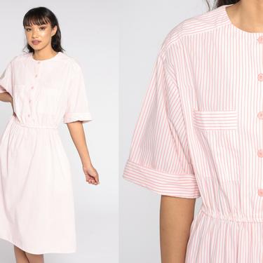 Striped Shirt Dress 80s Pink Button Up Dress Midi Secretary Shirtdress High Waist Vintage Short Sleeve Dress Extra Large xl 