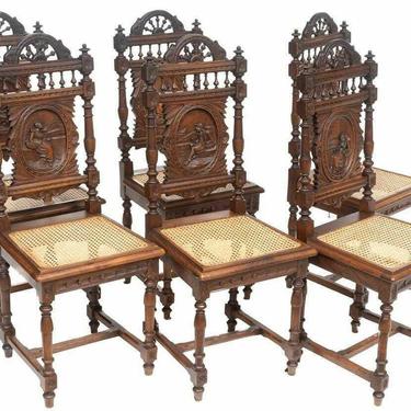 Dining Chairs, French Breton, Set of 6, Vintage, Heavily Carved, Rattan Seat!!
