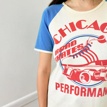 Roller Skating Tee // boho t-shirt t dress hippie hippy 70s 80s white Chicago shirt skates rollerskating jersey // S/M 