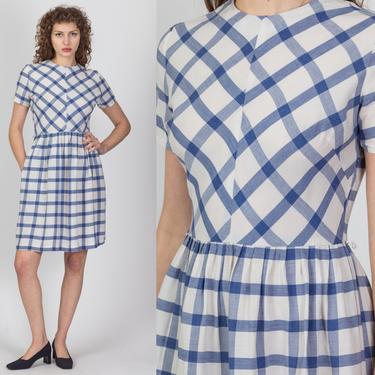 60s White Blue Gingham Day Dress - Small to Medium | Vintage Fit &amp; Flare Short Sleeve Mini 