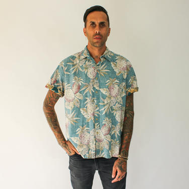 Vintage 90s Cooke Street Hawaiian Watercolor Pineapple Palm Leaf Shirt | Made in USA | Size Large | 1990s Reverse Print Blue Hawaiian Shirt 