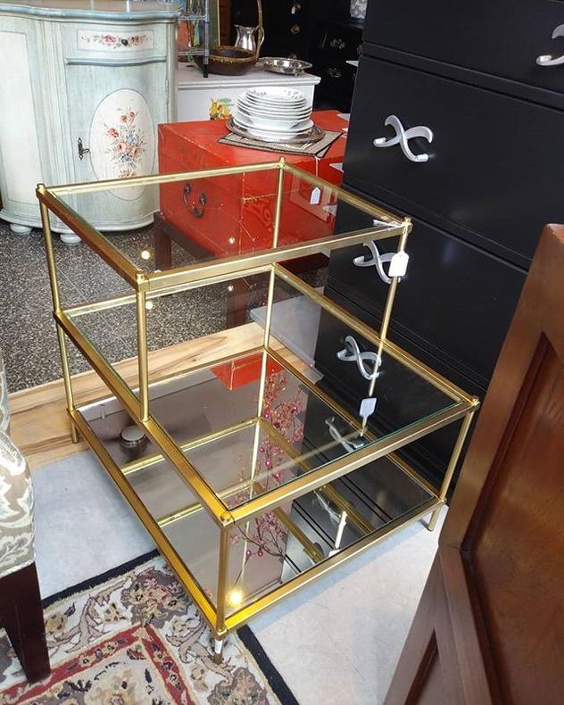 Glass and brass end tables with mirror bottom  (2 available) 22"tall 24" deep and 20" wide 