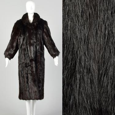 Large Black Fur Coat 1980s Long Hair Beaver Fur Glossy Winter Full-length Overcoat 