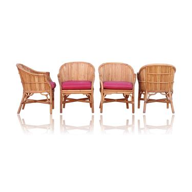 Set of 4 Split Reed Rattan Bamboo Barrel Back Chairs, McGuire Organic Modern Style 