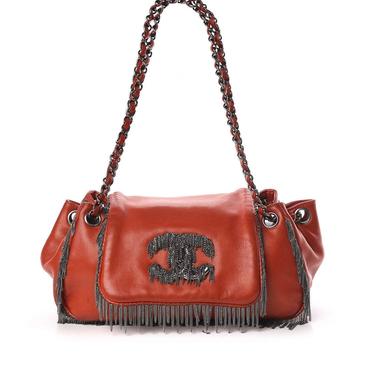 Vintage CHANEL Red Leather CC Logo Chain Fringe Shoulder Crossbody Collectors Bag! Rare! Rock n Roll 