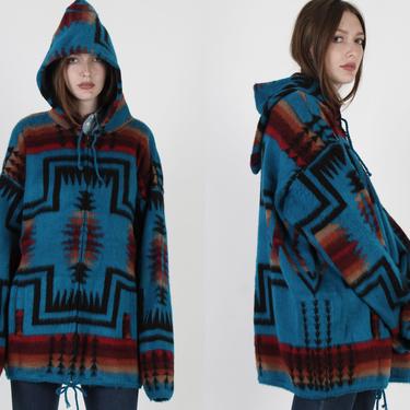 Fuzzy Southwestern Zip Up Jacket / Chief Joseph Print Sweater / Vintage Bright Aztec Native American Hooded Teal Oversized Unisex Jacket 
