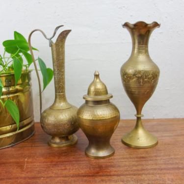 Vintage - your choice brass etched tall vase, ewer with handle, or urn with lid, eclectic Made in India pieces for bohemian decor or altar 